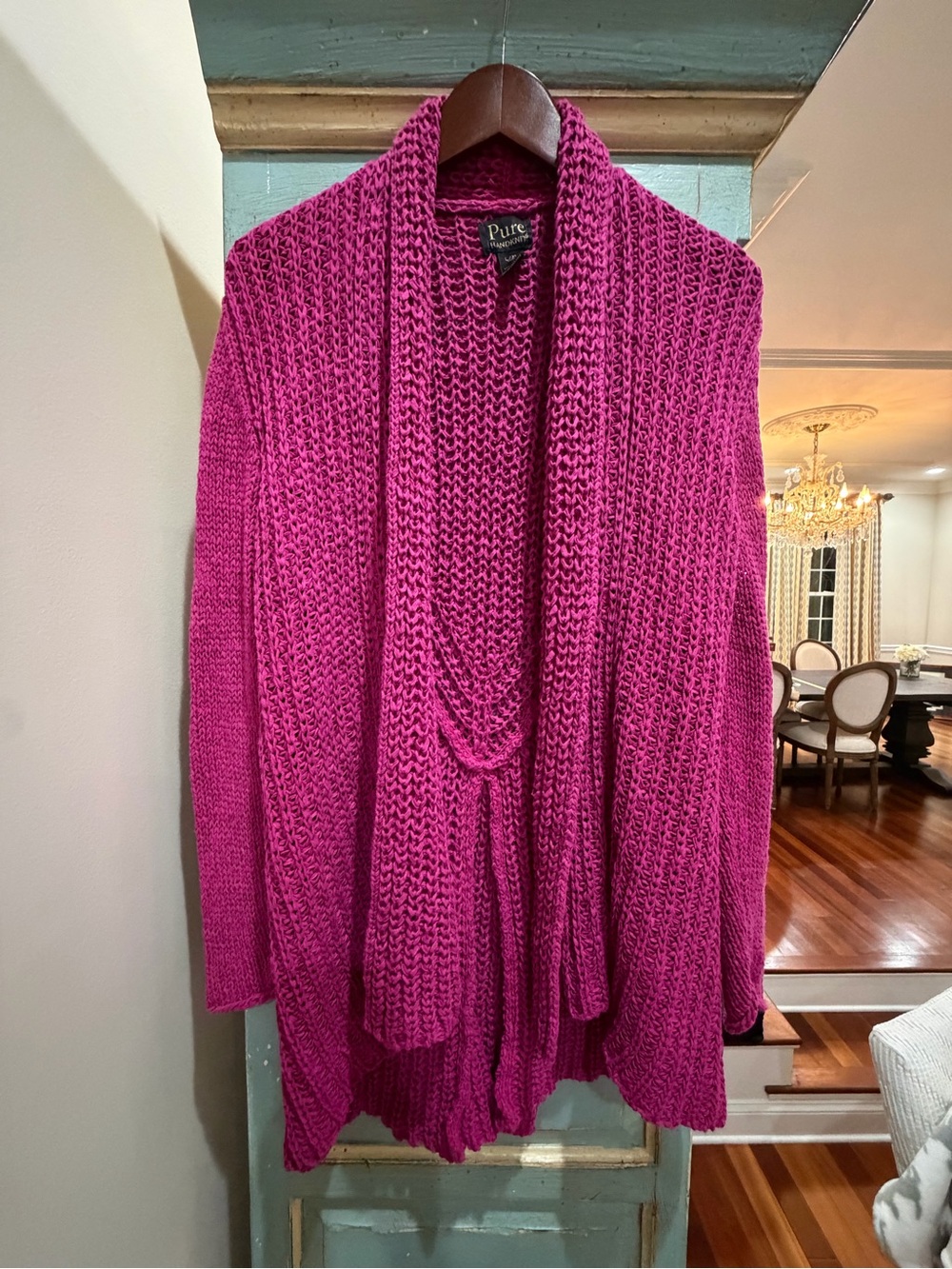 Pure Handknit Fuchsia Pink Chunky Open Front Drape Cardigan Sweater L XL Cotton⁠